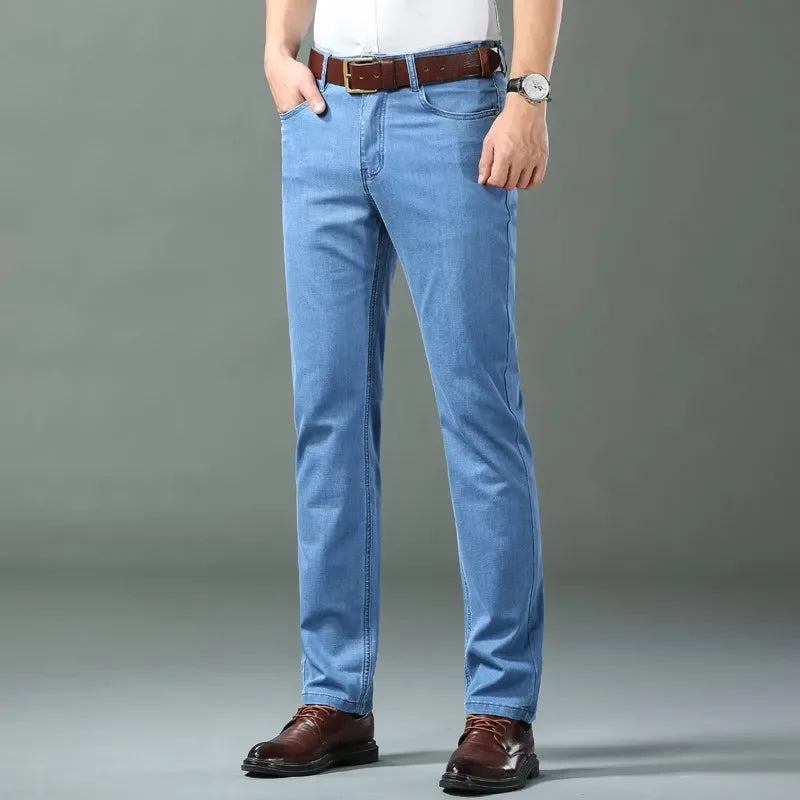 Men Summer Ice Silk Thin Stretch Straight Jeans, Lightweight Cotton Business Casual Denim Trousers