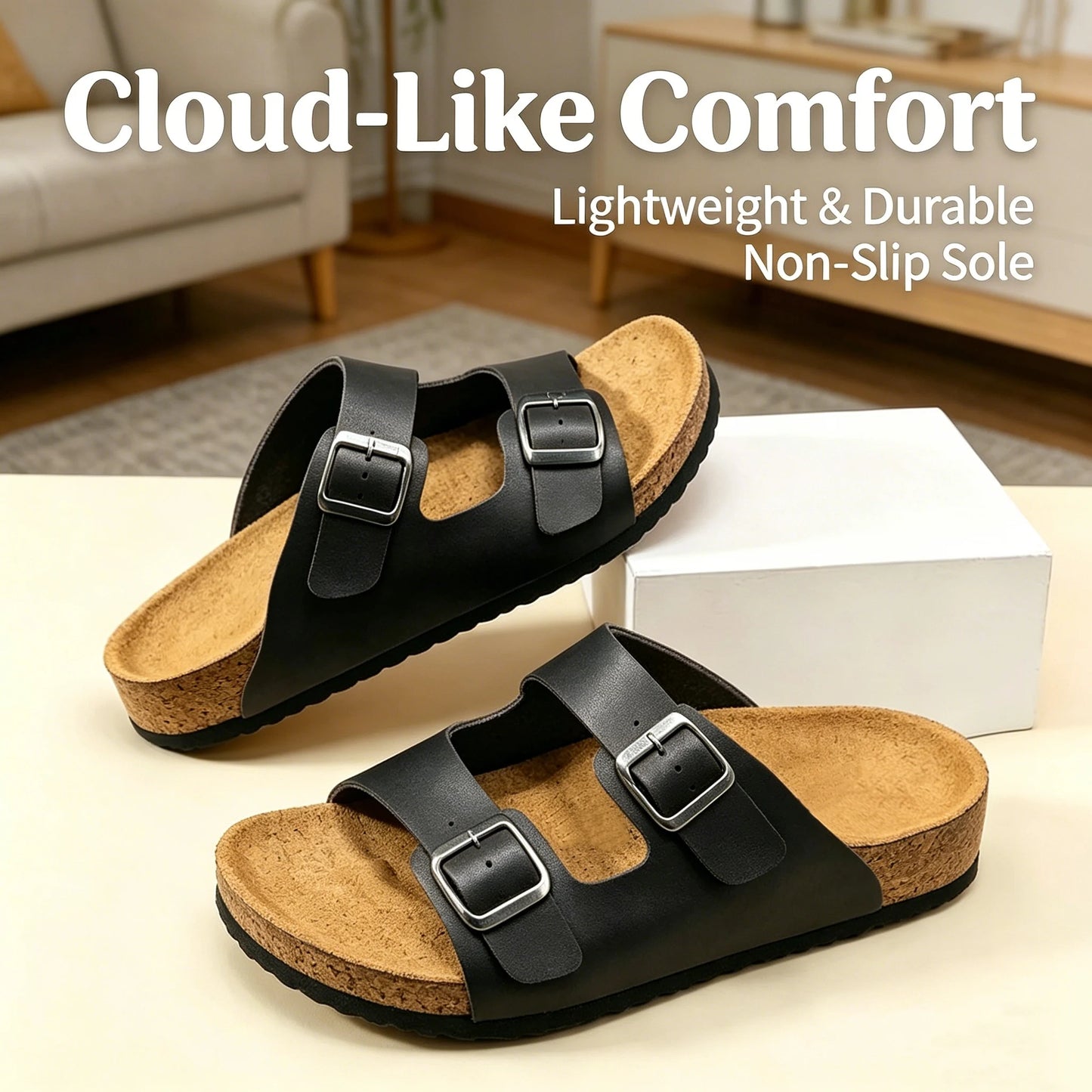 Men's cork slippers, couple's wear, double strap slippers, women's shoes, two buckle, thong sandals, beach shoes