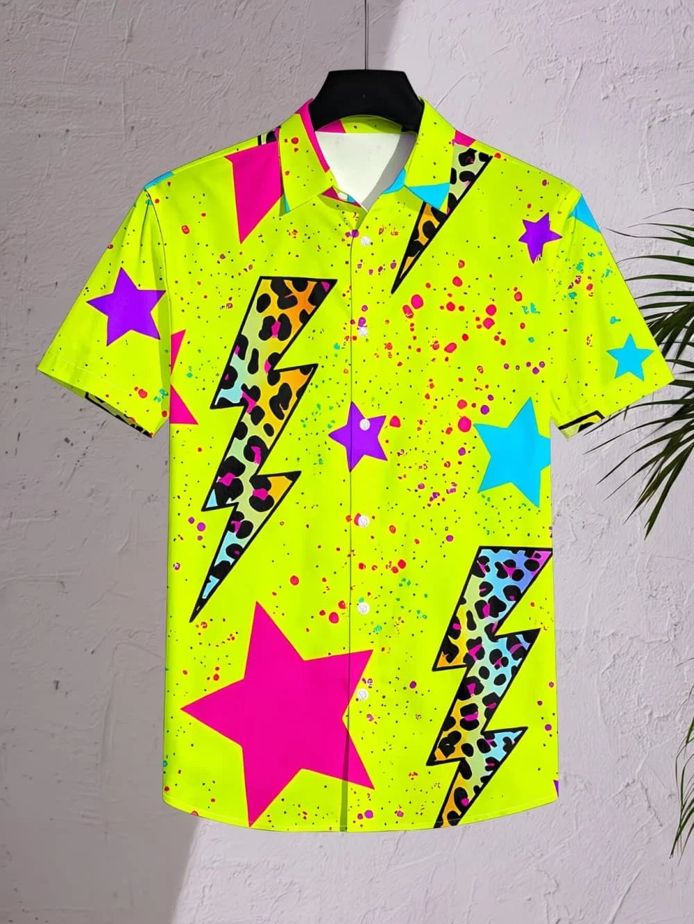 Neon Green Star Pattern Lapel Shirt for Women Leopard Lightning 3D Print Hawaiian Shirts Fashion Short Sleeve Tops Button Blouse