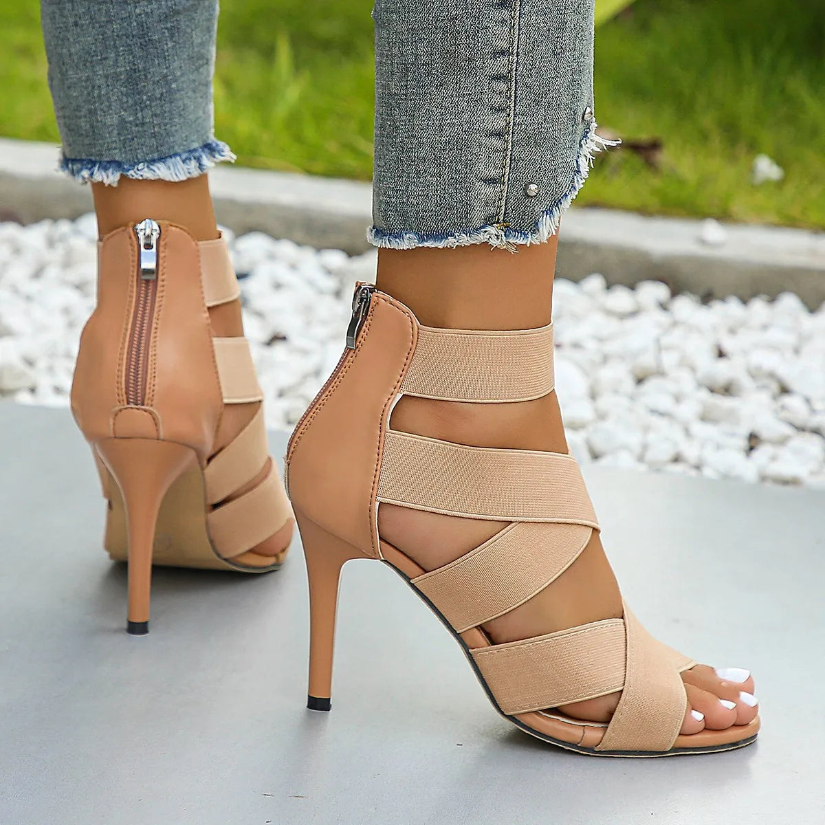 Women's Multi Strap Ankle Wrap Stiletto Heel Sandals, Open Toe Back Zipper High Heels