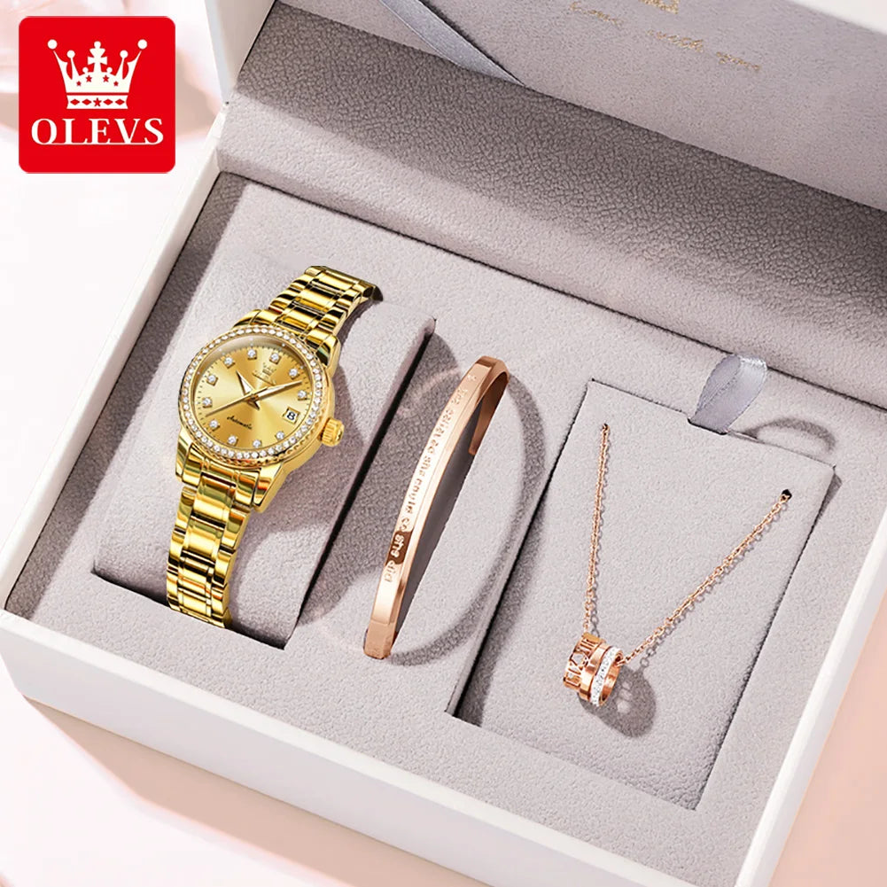 OLEVS Automatic Watch for Women Diamond Gold Luxury Stainless Steel Elegant Original Women's Automatic Watch Necklace Gift Set