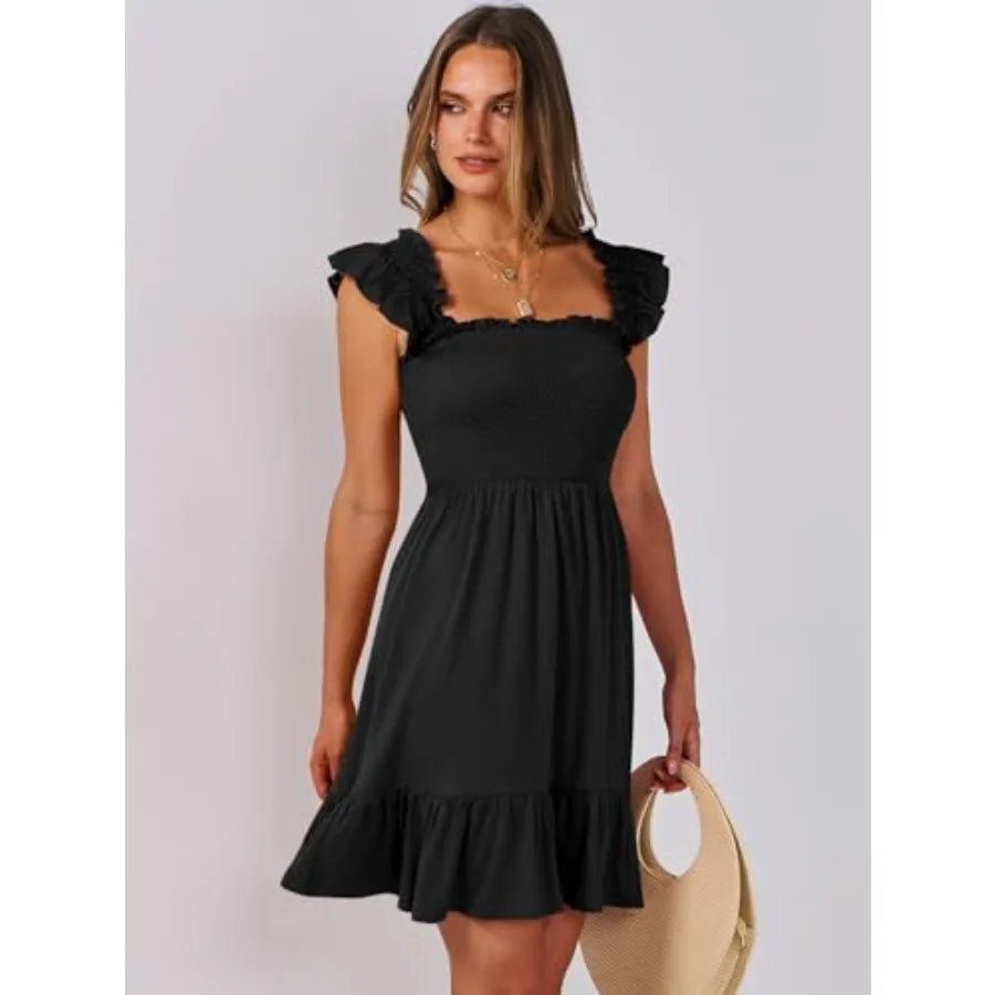 ANRABESS Women's Summer Casual Sleeveless Square Neck Dress 2026 Smocked Ruffle Backless Boho Beach Cute Teen Short Sundress