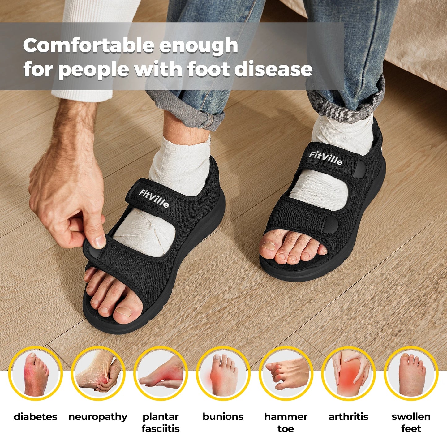 FitVille Men'S Sandals Summer Flat Shoes Widened Elderly Casual Shoe Breathable Lightweight For Plantar Fasciitis Pain Relief