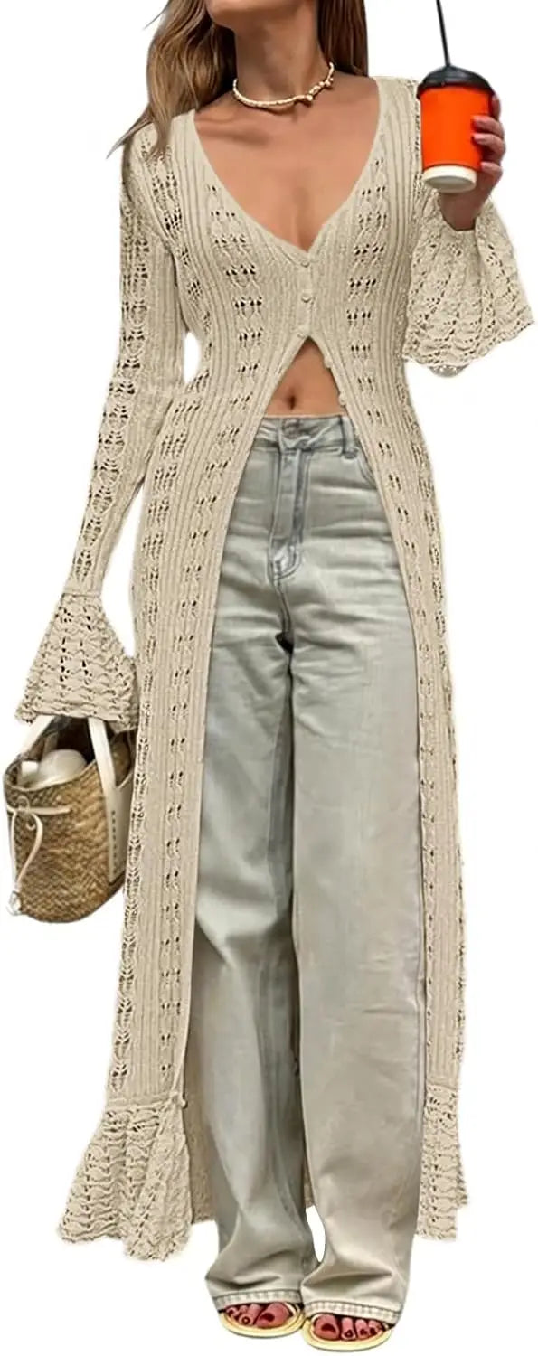 Womens Crochet Long Cardigans Duster Button Up Bell Long Sleeve Ruffle 2026 Summer Boho Beach Cover Ups