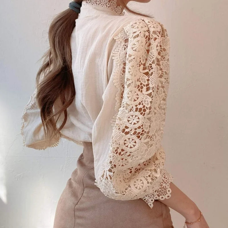 Women’s Elegant Lace Trim Shirts/Casual Victorian Blouse/Long Sleeve Button Down Tops
