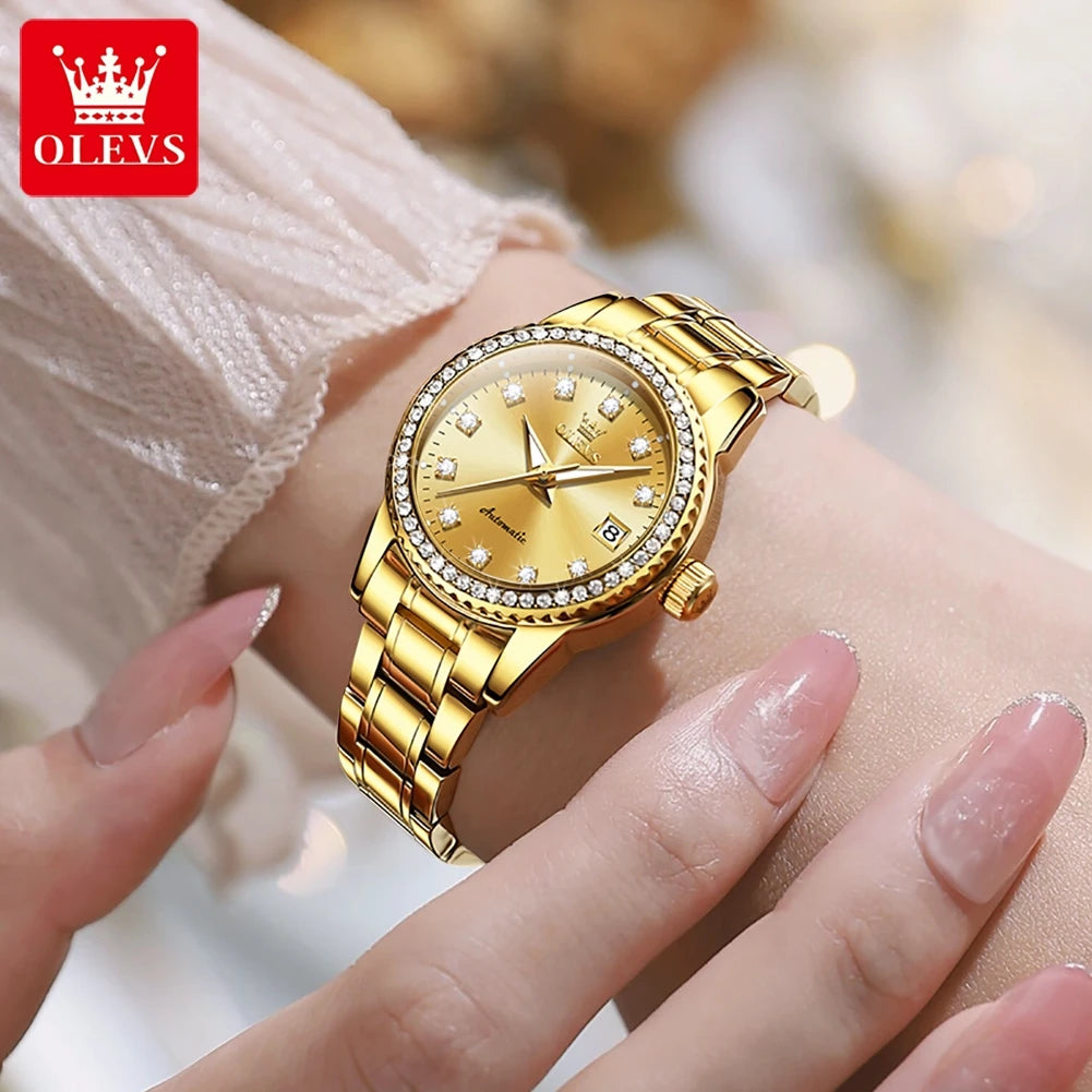 OLEVS Automatic Watch for Women Diamond Gold Luxury Stainless Steel Elegant Original Women's Automatic Watch Necklace Gift Set