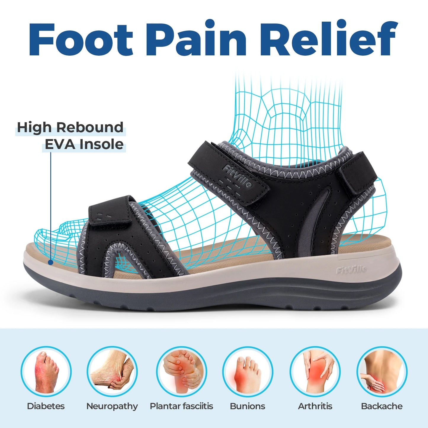 FitVille Women's Sandals Adjustable Ankle Strap for Swollen and Flat Feet Wide Arch Support Open Toe Orthopedic Sandals