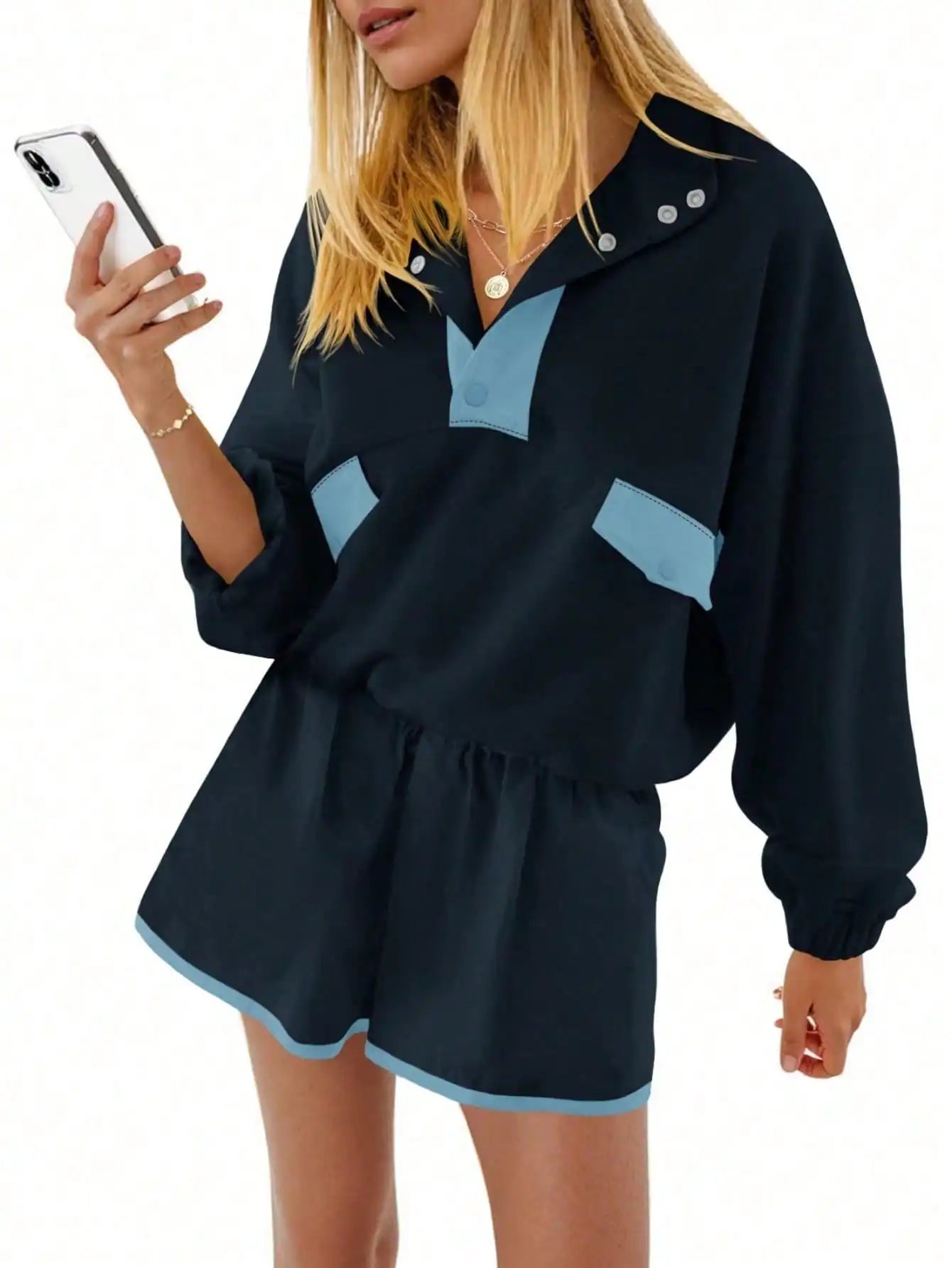 Womens Two Piece Outfits Casual Loose Lounge Set Y2K Color Block Sweatshirt And Running Shorts Fall Streetwear Tracksuit