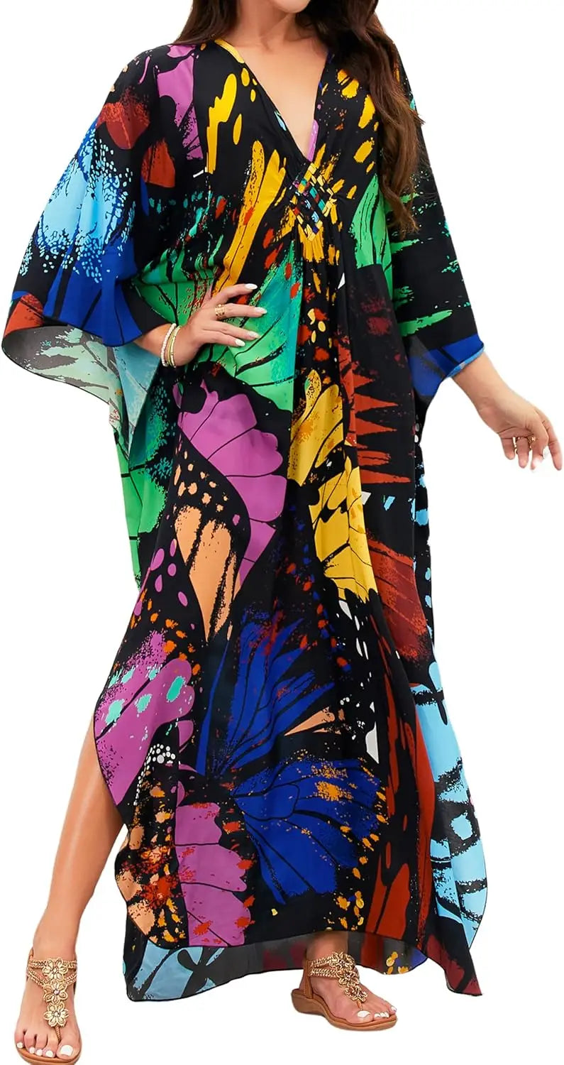 Kaftan Dresses for Women, V Neck Moo Moos Colorful Print Cover Ups Caftan Beach Dresses for Swimwear
