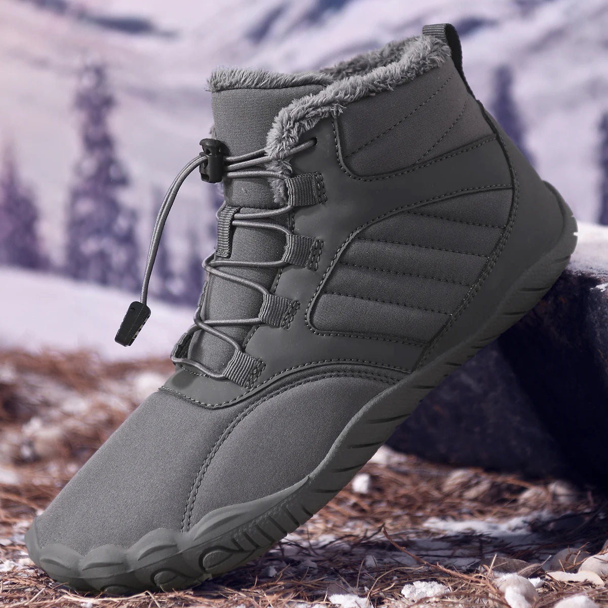 Unisex Winter Fleece Lined Barefoot Snow Boots Five Toe Wide Toe Box Quick Lock Laces Non Slip Warm Outdoor Hiking Trekking Minimalist Cold Weather Walking Casual Footwear