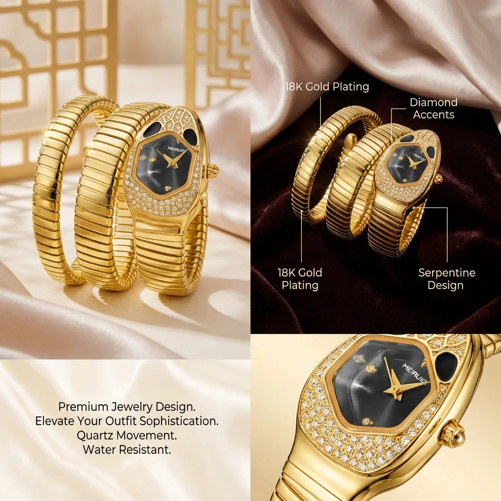 A high-end trendy and personalized quartz watch with a golden snake shaped strap for women
