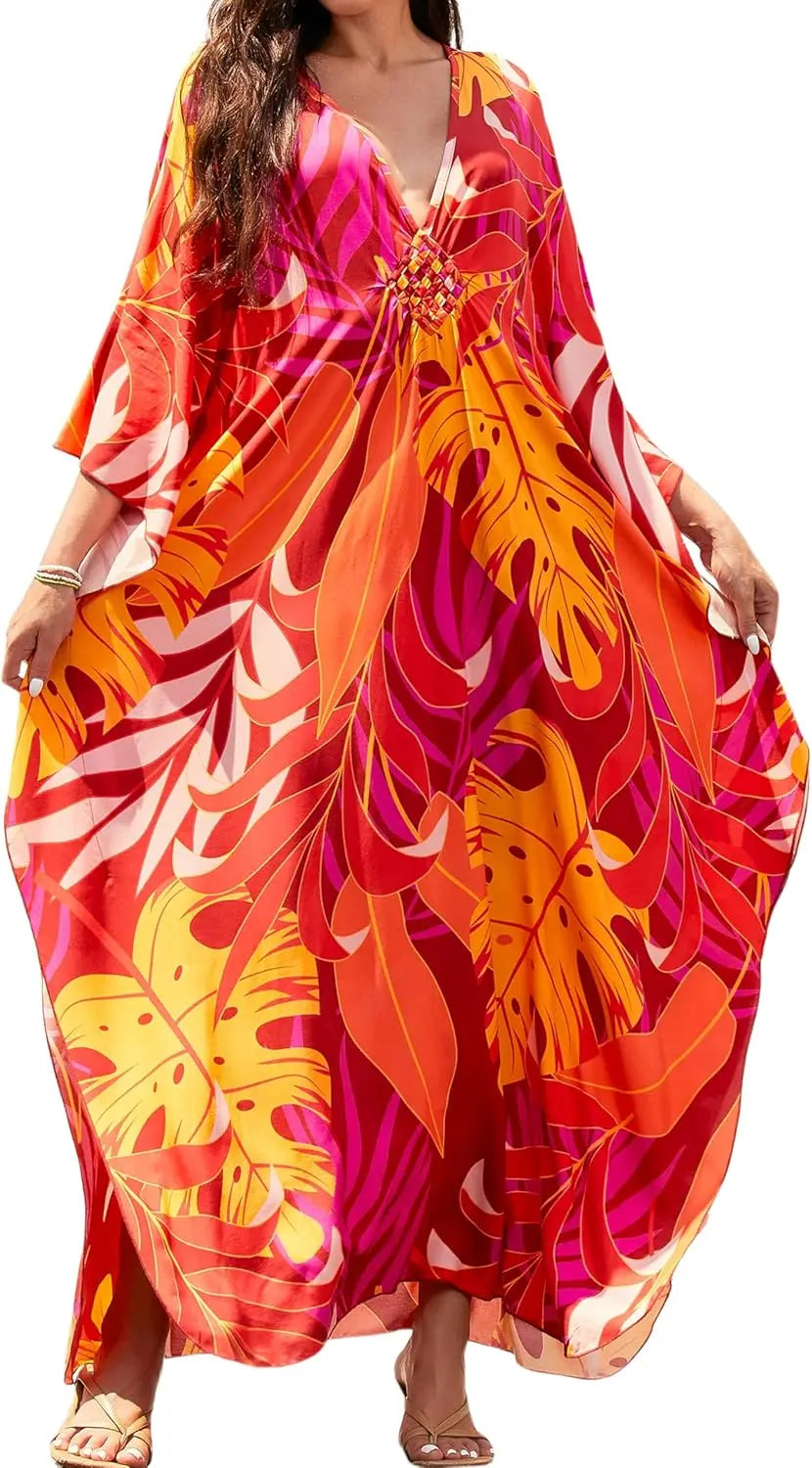 Kaftan Dresses for Women, V Neck Moo Moos Colorful Print Cover Ups Caftan Beach Dresses for Swimwear