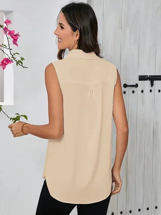 Plus size women's loose comfortable commute style hidden button shirt side slit irregular lapel sleeveless vest shirt