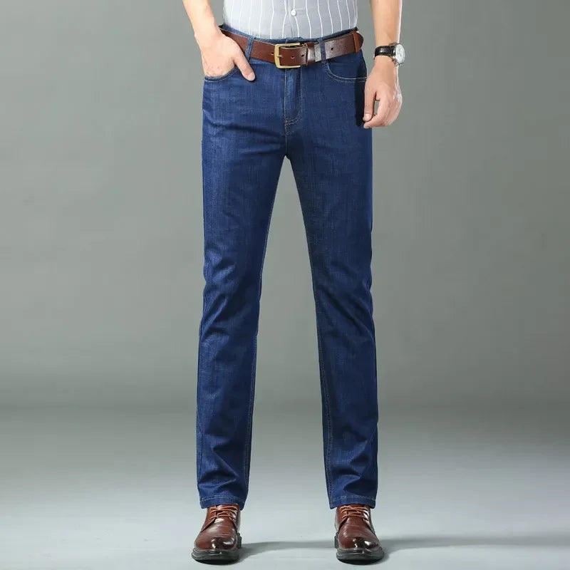 Men Summer Ice Silk Thin Stretch Straight Jeans, Lightweight Cotton Business Casual Denim Trousers