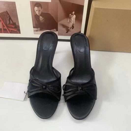 Summer New 2026 French-Style Pointed High Heels with Ankle Strap, Bow Decoration, Open Toe, Backless, Slip-On Sandals