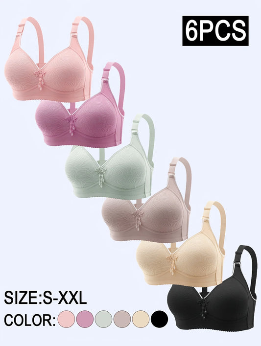 6pcs Seamless Tassel Decor Wireless Women Bra Push-Up - Adjustable Strap, Soft Colors Black/Pink/Beige/Light Blue/Mint Green