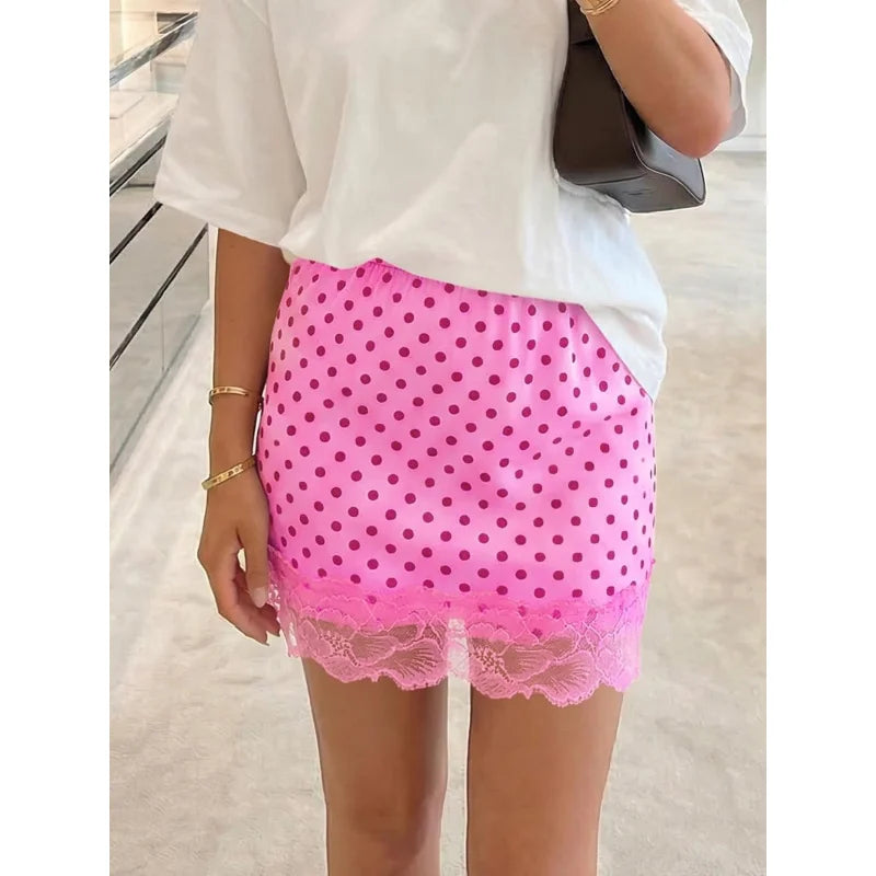 Womens Polka Dot Skirt Lace Satin Casual High Waist A Line Summer Mini Skirts