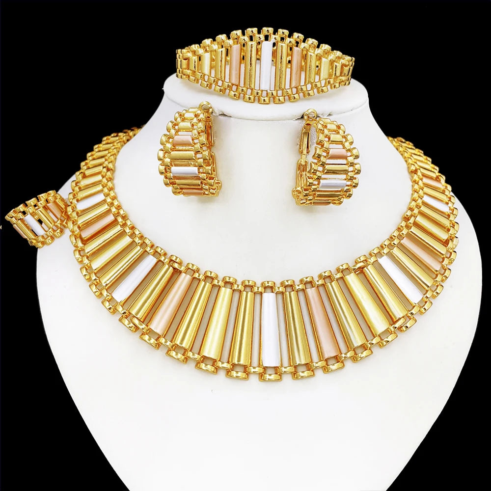 GZJPEI 4 Pcs/set Geometric Striped Jewelry Set 18K Gold Plated Hollow Out Design Jewelry For Women Birthday Gift 2026 Trendy