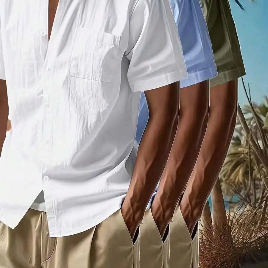 3pcs Men's Solid Color Linen Shirts: 3 Colors Available, A Must-Have For Summer Casual Outings