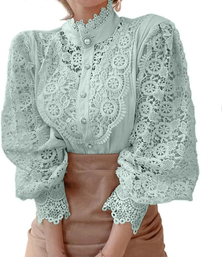 Women’s Elegant Lace Trim Shirts/Casual Victorian Blouse/Long Sleeve Button Down Tops