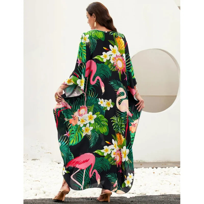 Kaftan Dresses for Women, V Neck Moo Moos Colorful Print Cover Ups Caftan Beach Dresses for Swimwear