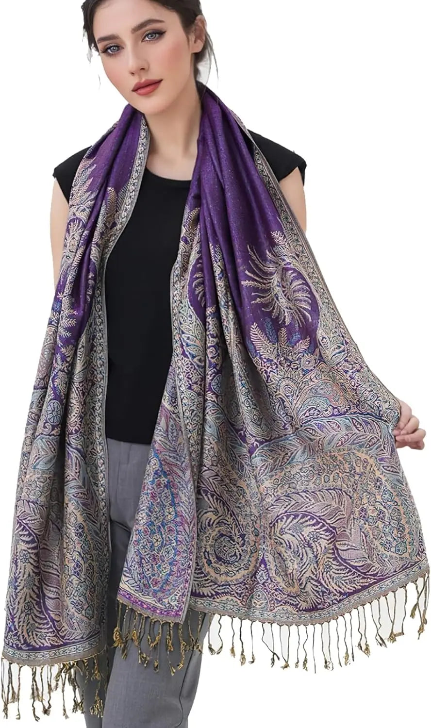 Silky Paisley Pashmina Shawl Scarf-Women's Soft Double-side Jacquard Pashminas Wrap for Evening Dress Travel Shawl