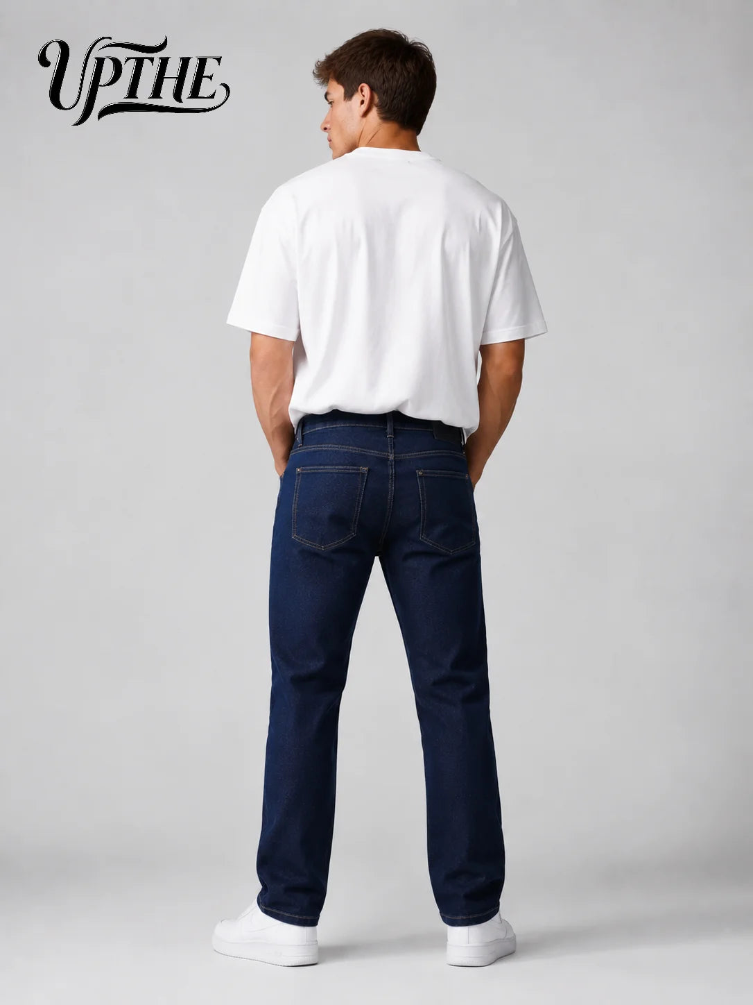 UP.THE Men Dark Blue Slim Fit Straight Leg Jeans, Classic Stretch Denim Pants, Casual Streetwear Trousers for Daily Work & Daily Outfits