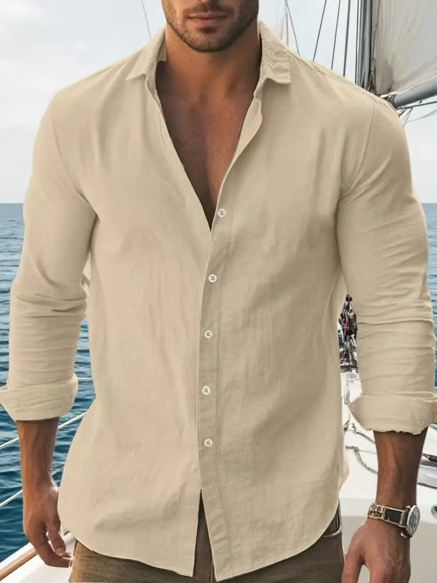 Mens Solid Cotton Long Sleeve Shirt Classic Collar Black Contrast Buttons Rollable Cuff Design Thin Summer Urban Daily Casual Slim Fit Shirt