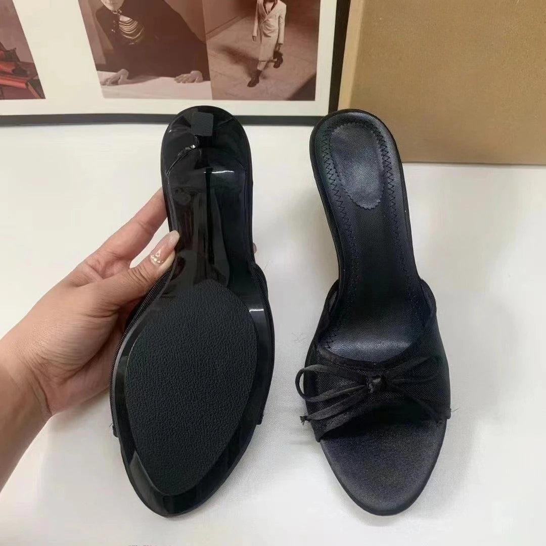 Summer New 2026 French-Style Pointed High Heels with Ankle Strap, Bow Decoration, Open Toe, Backless, Slip-On Sandals
