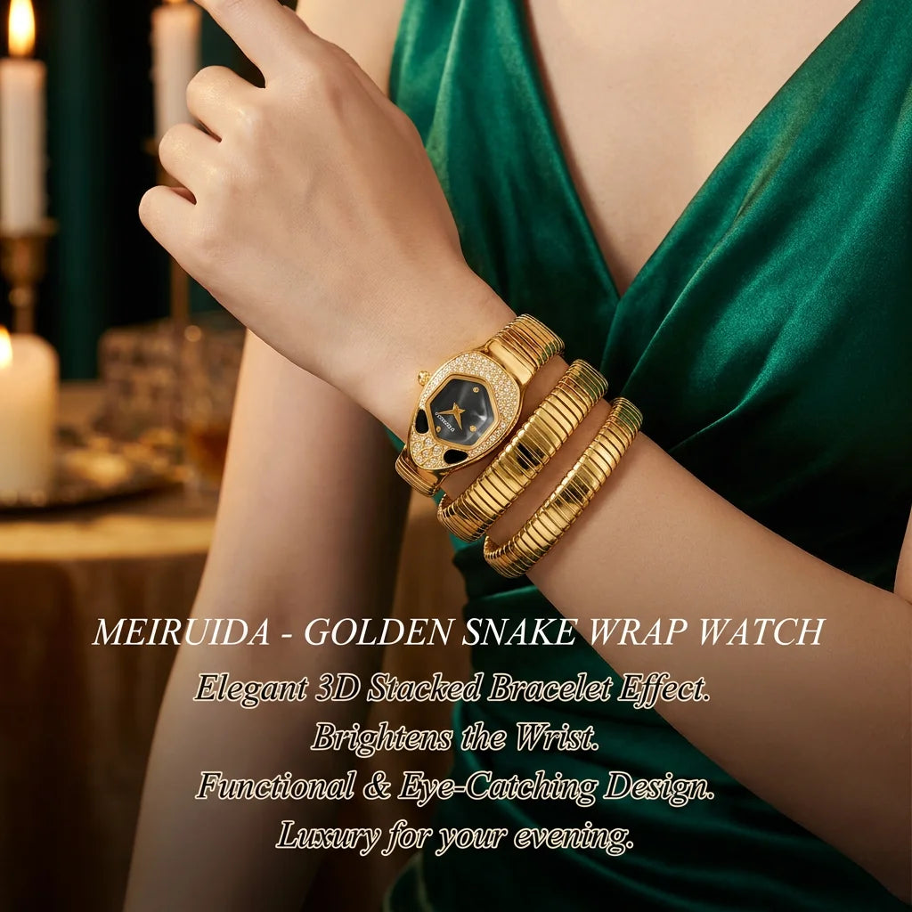 A high-end trendy and personalized quartz watch with a golden snake shaped strap for women