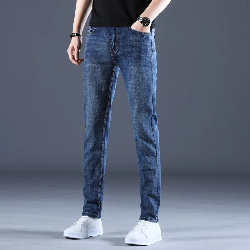 Spring Autumn Business Men Jeans Casual Straight Stretch Classic Black/ Sky Blue/ Grey Work Denim Trousers Brand Clothing