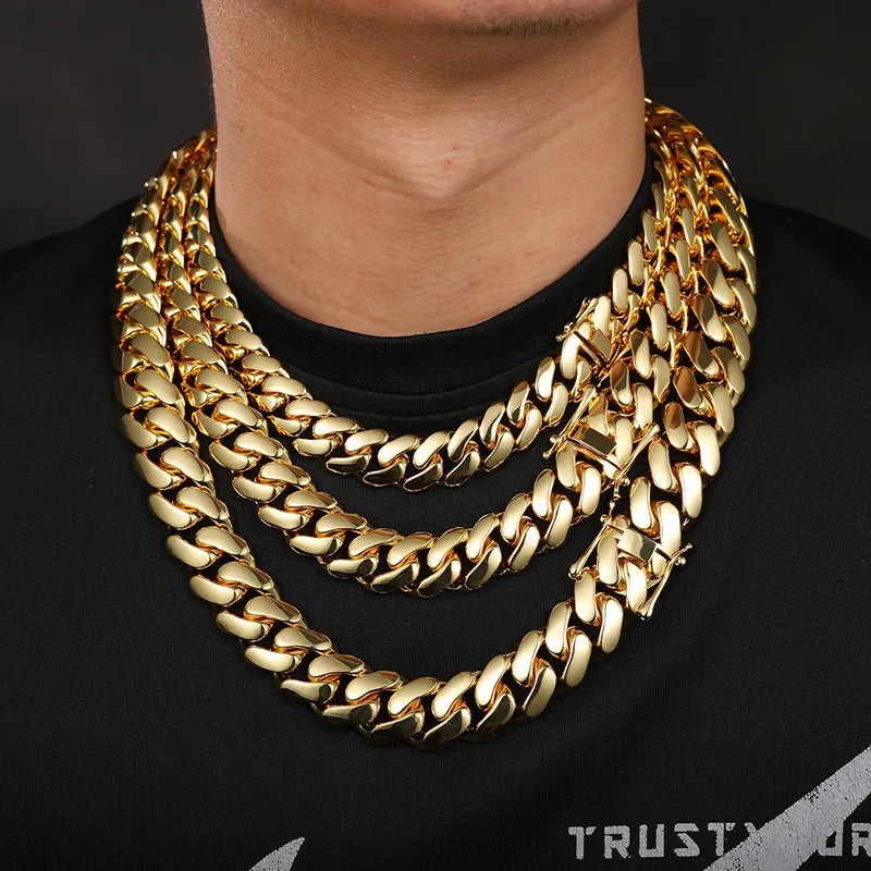 8-22mm Gold Color Stainless Steel  Cuban Miami Link Chain Necklaces for 18k Gold-plated Men (1PC)