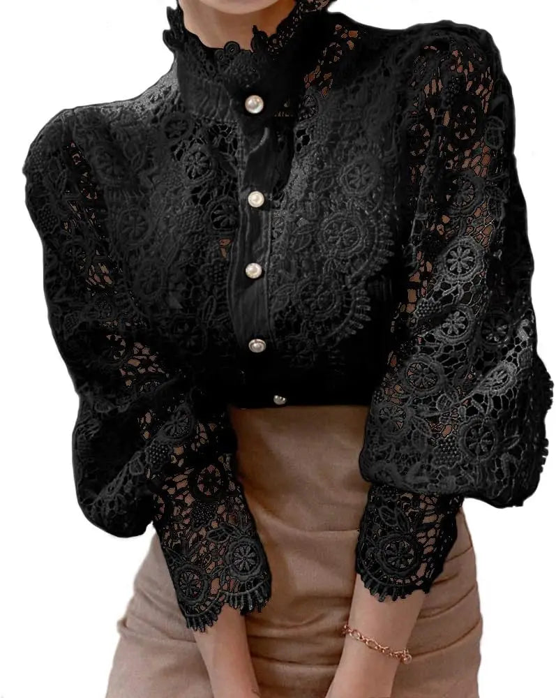 Women’s Elegant Lace Trim Shirts/Casual Victorian Blouse/Long Sleeve Button Down Tops