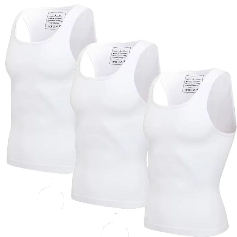 3 PCS Men's Tank Top Undershirt Tummy Control Shapewear Breathable Back Support Underwear Slimming High Stretch Waist Trainer Compression Sleeveless Wide Strap Top