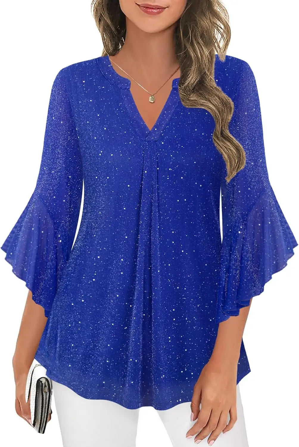 Womens Sparkly Tops 3/4 Sleeve Dressy Casual Sequin Blouses Double Layers Loose V Neck Shirt