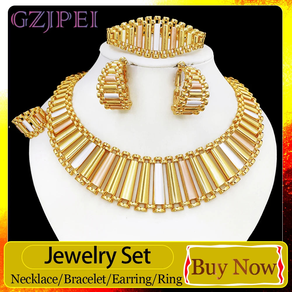 GZJPEI 4 Pcs/set Geometric Striped Jewelry Set 18K Gold Plated Hollow Out Design Jewelry For Women Birthday Gift 2026 Trendy