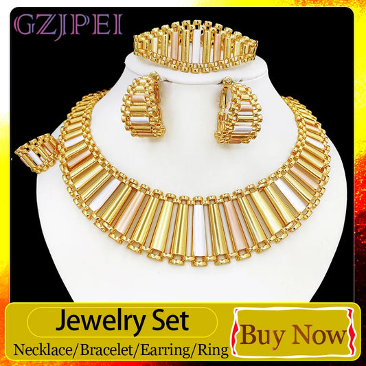 GZJPEI 4 Pcs/set Geometric Striped Jewelry Set 18K Gold Plated Hollow Out Design Jewelry For Women Birthday Gift 2026 Trendy