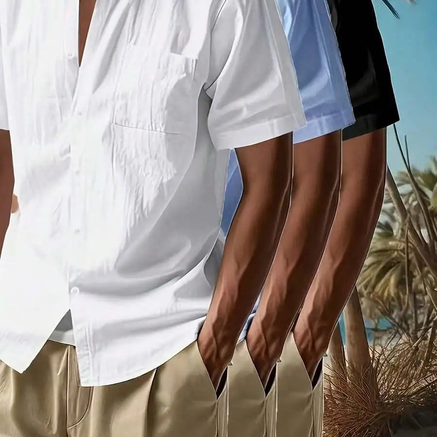 3pcs Men's Solid Color Linen Shirts: 3 Colors Available, A Must-Have For Summer Casual Outings