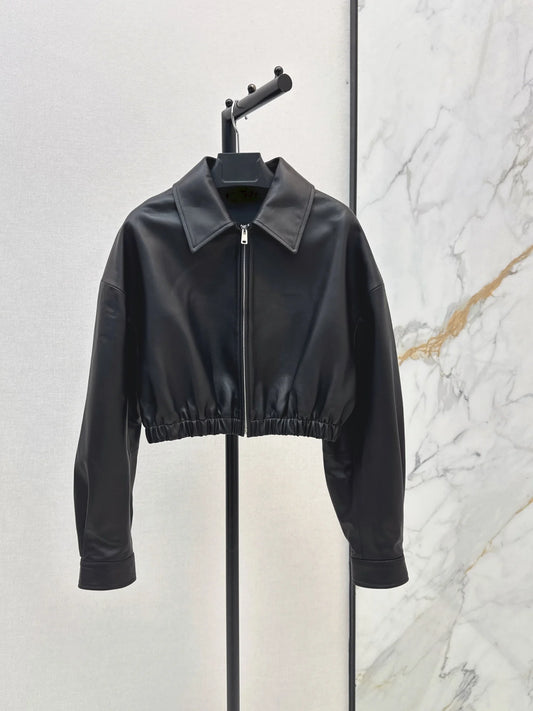 Women's Pure Color Leather Long Sleeve Notch Collar Zipper Short Top Autumn Winter Fashion Elegant Style 2671446