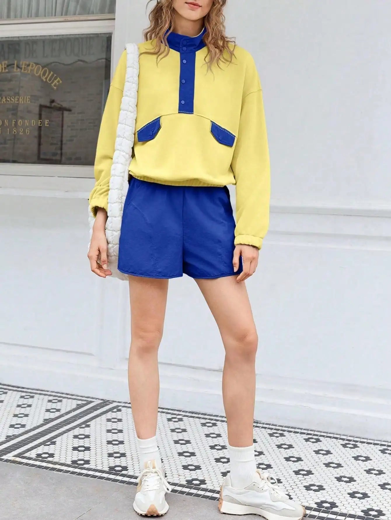 Womens Two Piece Outfits Casual Loose Lounge Set Y2K Color Block Sweatshirt And Running Shorts Fall Streetwear Tracksuit