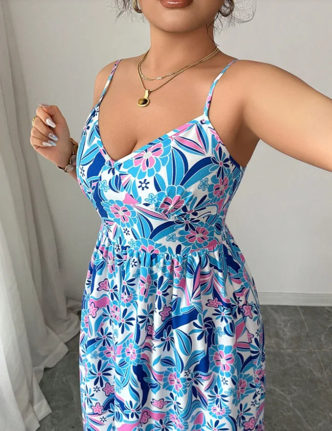Plus Size Women's Gentle Style Blue and White Floral Camisole Dress; Plus Size Loose Fit; Daily Commute Elegant Long Dress