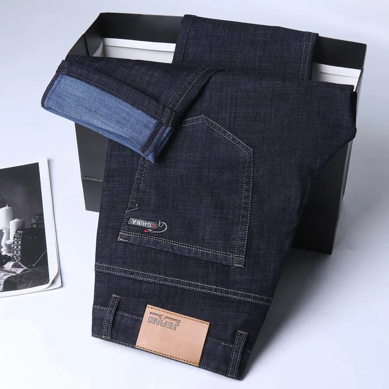Men Summer Ice Silk Thin Stretch Straight Jeans, Lightweight Cotton Business Casual Denim Trousers