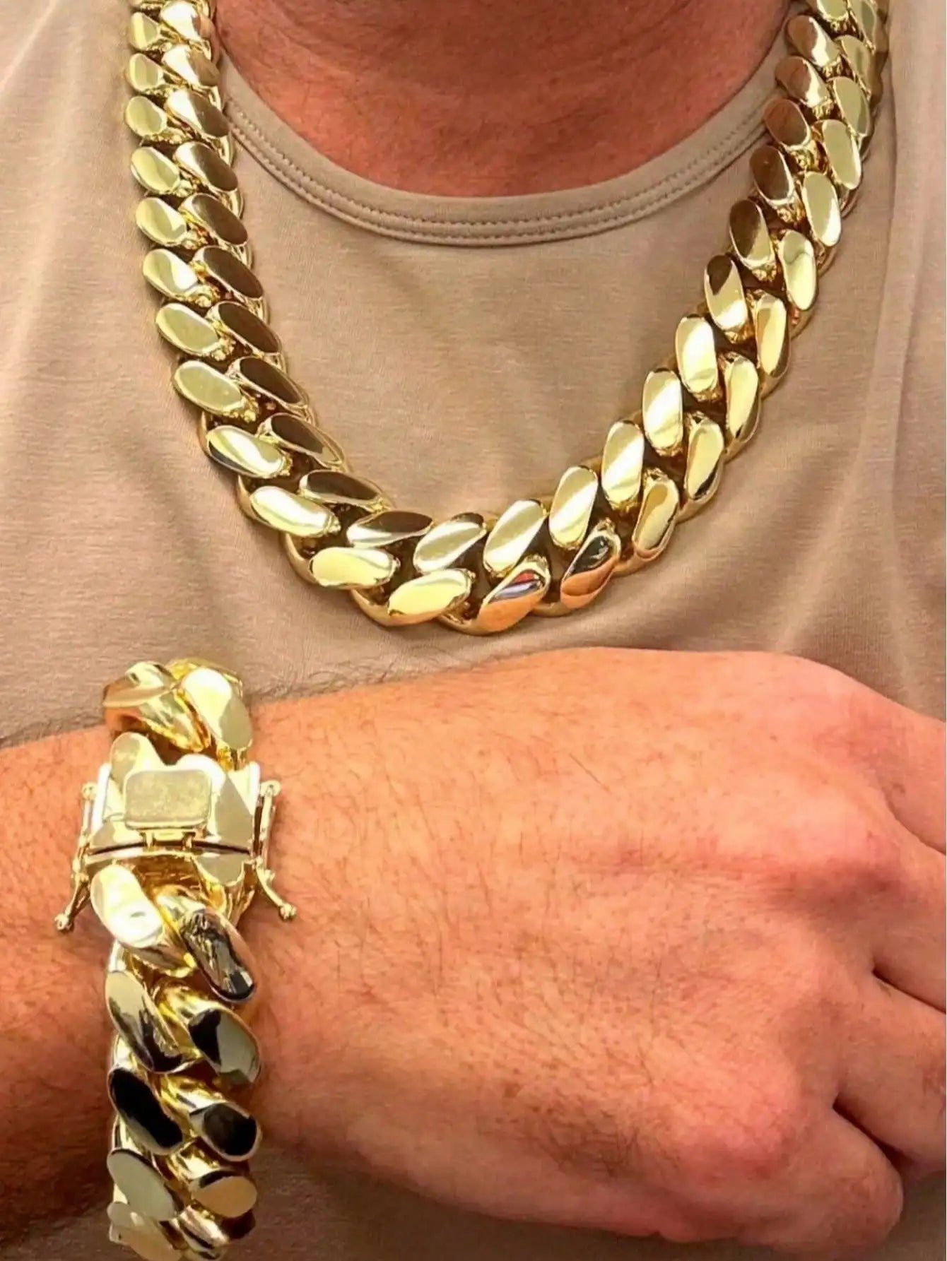 8-22mm Gold Color Stainless Steel  Cuban Miami Link Chain Necklaces for 18k Gold-plated Men (1PC)