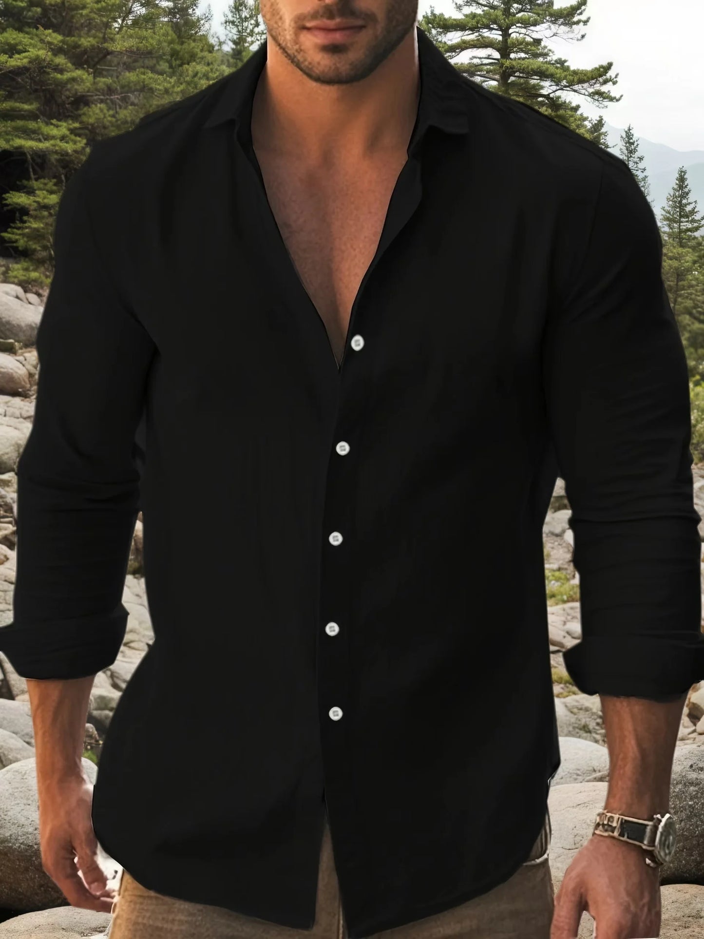 Mens Solid Cotton Long Sleeve Shirt Classic Collar Black Contrast Buttons Rollable Cuff Design Thin Summer Urban Daily Casual Slim Fit Shirt