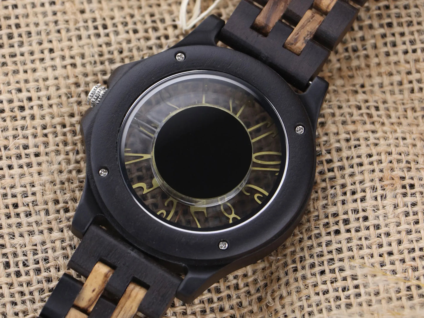 Natural Zebra Wood Watch for Men, Hollow Out Dial Wooden Band Analog Quartz Wristwatch