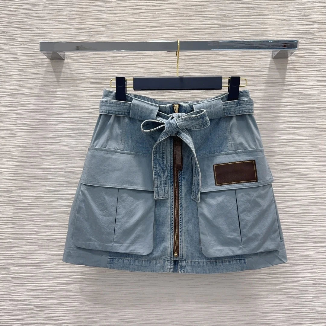 Women's Denim Sleeveless Hooded Zipper Vest with Belted Zipper Short Skirt Set Summer Youth Fashion Casual  2652018