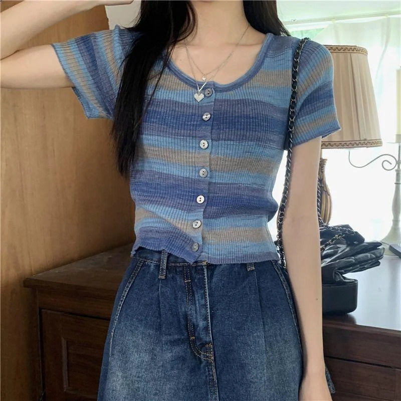 Colorful Striped Knitted Short Sleeve T-shirt Women Summer Korean Style Slim Fit Short Cardigan Woman O-Neck Single-breasted Top