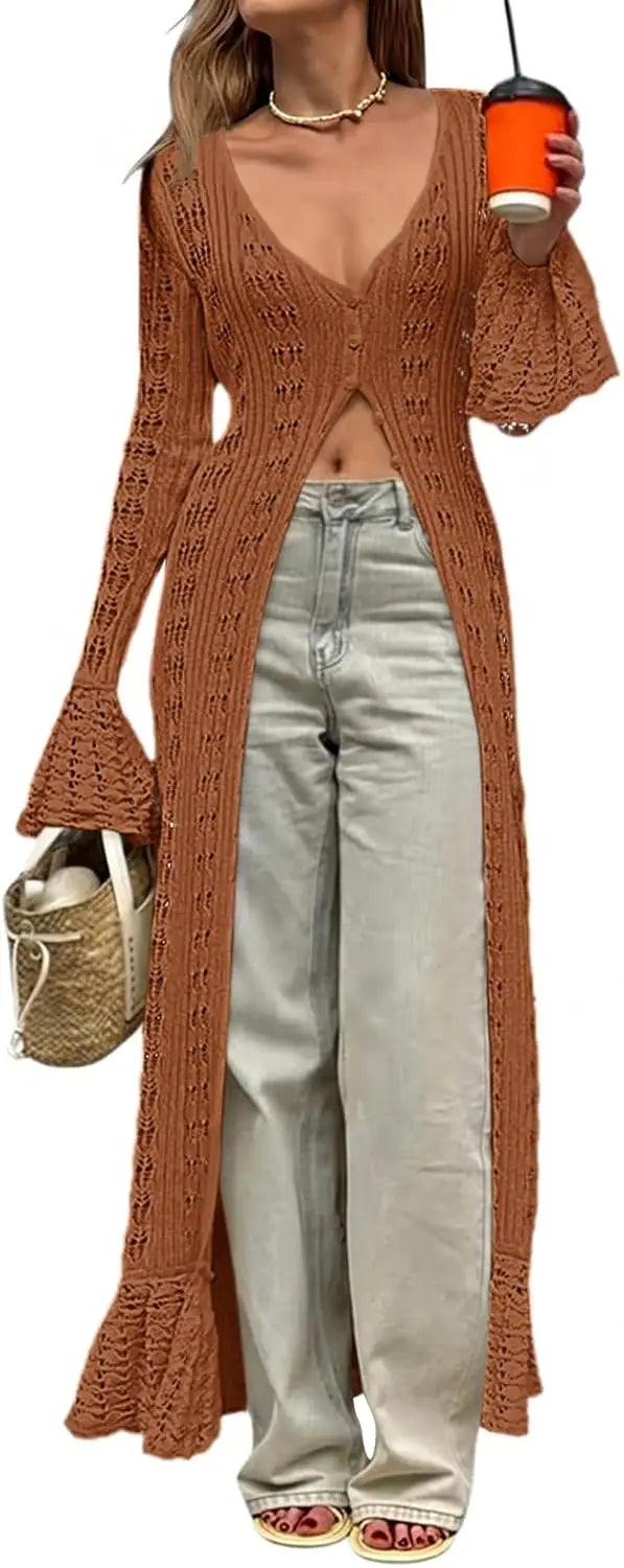 Womens Crochet Long Cardigans Duster Button Up Bell Long Sleeve Ruffle 2026 Summer Boho Beach Cover Ups