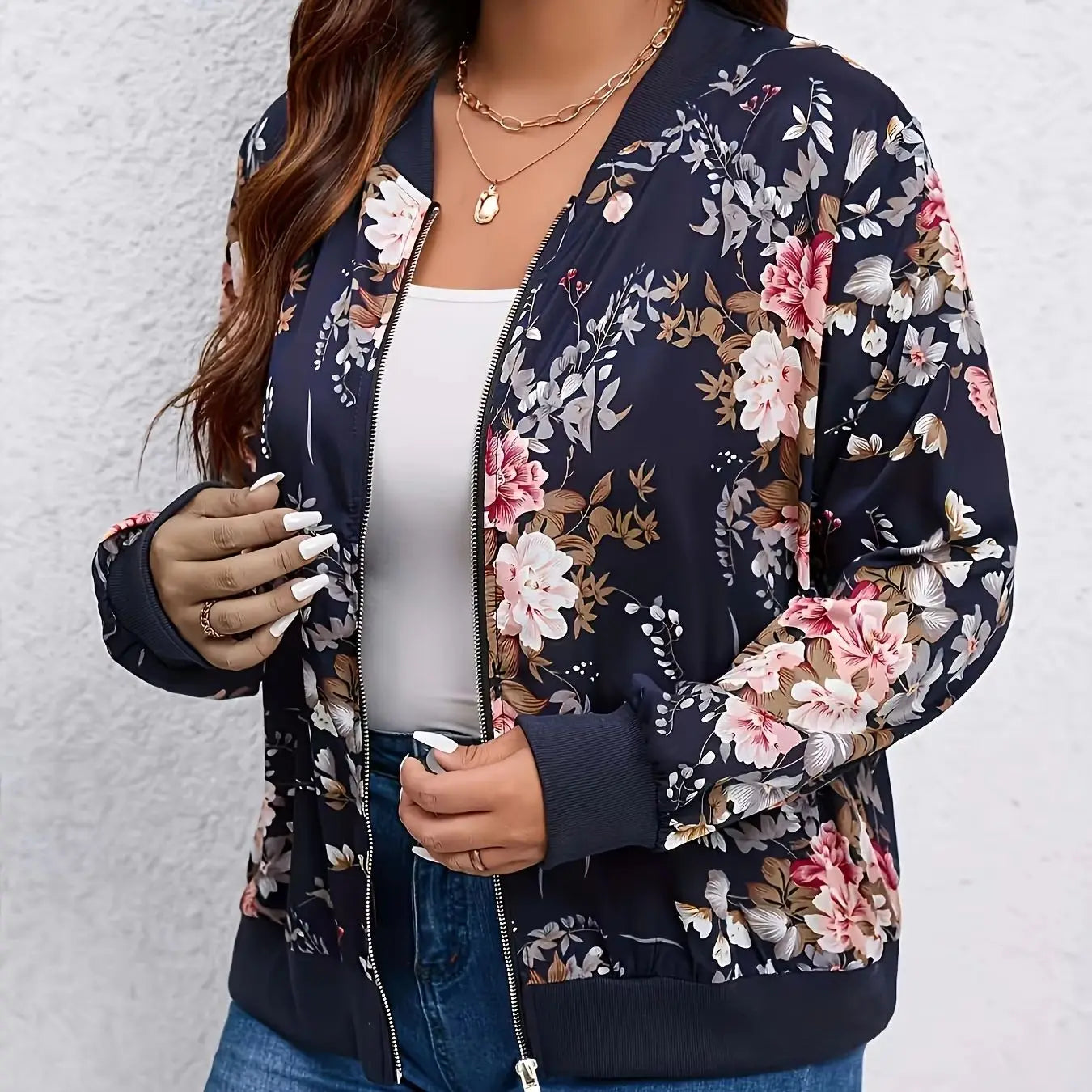 Plus size women's navy blue floral print baseball jacket zipper casual slimming stand collar jacket coat