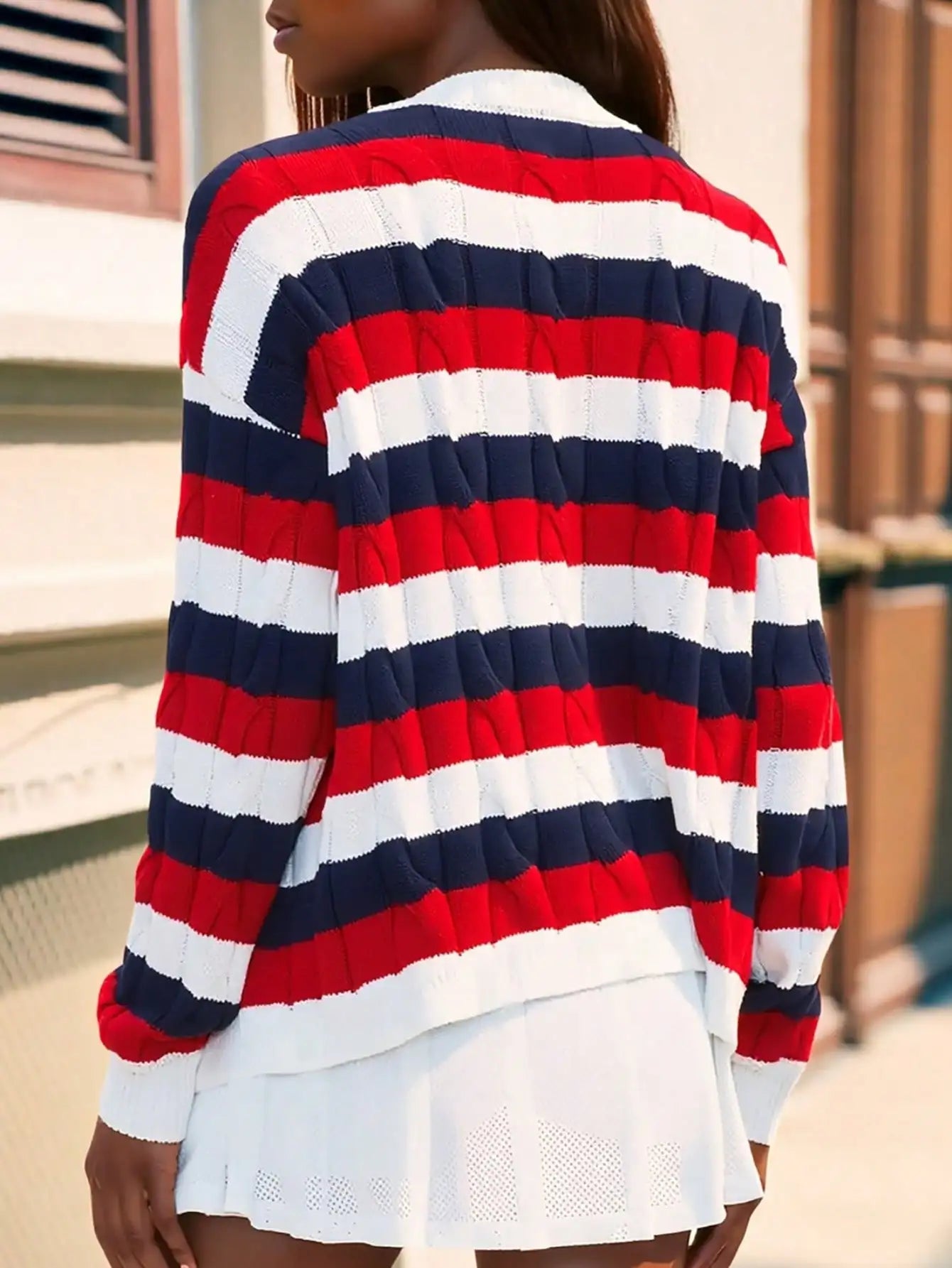 Women's Striped Cable Knit Cardigan Sweater Open Front Long Sleeve Coat Preppy Casual Outwear Coquette Grunge Academic Aesthetic